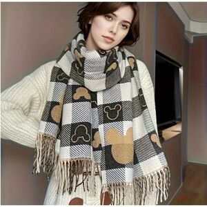 Plush Tan Black White MICKEY MOUSE Scarf Wrap Buffalo Check Long Wide